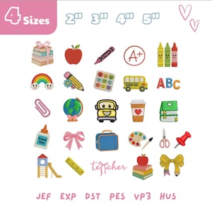 May include: A collection of embroidered school-themed patches, including an apple, crayons, a school bus, and a globe. The patches are in various sizes, with the word "teacher" and the letters "ABC" also featured. The image also includes the text "4 Sizes".