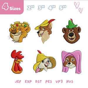 May include: Embroidered cartoon character designs featuring a lion, fox, bear, rooster, rabbit, and badger. The designs are in various sizes, from 5 to 13 cm. The image also includes the text "4 Sizes" and embroidery file formats.