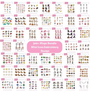 Puede incluir: Una colección digital de más de 500 mini diseños de bordado organizados en una cuadrícula. La imagen presenta varios motivos coloridos que incluyen animales, artículos de temporada, comida y símbolos festivos, con el texto 500+ Mega Bundle Mini Icon Embroidery Design centrado.