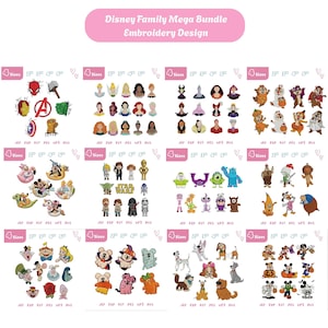 Puede incluir: Una visualización digital de un conjunto de diseños de bordado Disney Family Mega Bundle con doce secciones distintas de iconos de personajes. Cada sección incluye varias figuras bordadas coloridas, etiquetas de formato de archivo y tamaños en pulgadas.