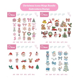 May include: A digital embroidery design collection titled Christmas Icons Mega Bundle. It features four grids of festive motifs including nutcrackers, Santa, reindeer, trees, and gifts. Each grid lists 4 sizes in inches and file formats JEF, EXP, DST, PES, VP3, HUS.
