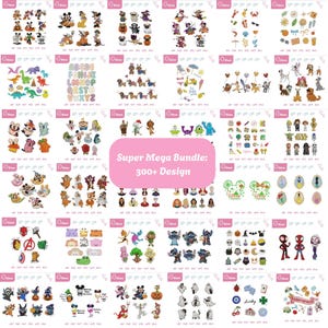 Peut inclure: Une collection numérique de plus de 300 motifs de broderie représentant divers personnages de dessins animés, animaux, icônes saisonnières et lettres de l'alphabet. Le graphique rose central affiche le texte Super Mega Bundle: 300+ Design.