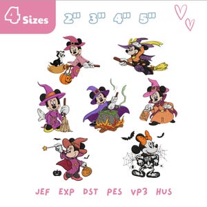 Puede incluir: Una colección de diseños de bordado con temática de Halloween con Mickey y Minnie Mouse disfrazados de brujas y esqueletos. Los diseños incluyen varias poses con escobas, calderos y calabazas. La imagen también incluye el texto "4 Tamaños" y abreviaturas de tipos de archivo.