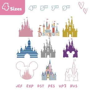 May include: A digital embroidery design set featuring nine castle illustrations in various styles, including solid silhouettes, outlines, and a Mickey Mouse shape. The text 4 Sizes, 4", 5", 7", 9", JEF, EXP, DST, PES, VP3, HUS is visible.
