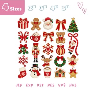May include: A digital embroidery design sheet featuring twenty-five Christmas-themed icons including a gift, gingerbread man, Santa, bows, tree, candy canes, cocoa, bear, nutcracker, snowflakes, ornament, reindeer, wreath, fairy, stocking, snowman, and star. Text reads 4 Sizes 2" 3" 4" 5" and JEF EXP DST PES VP3 HUS.