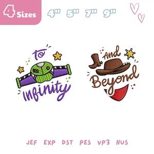 May include: A digital design featuring two cartoon illustrations. One shows a green and purple space-themed device with the words "to infinity". The other shows a cowboy hat, boot, and the words "and beyond".