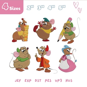 May include: Six embroidered mouse characters in various poses, including one holding cheese, one with a pencil, and one in a pink dress. The text 4 Sizes 2" 3" 4" 5" appears at the top, with JEF EXP DST PES VP3 HUS listed at the bottom.