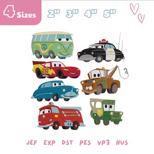 May include: A digital embroidery design file featuring seven cartoon vehicles including a green van, a black police car, a red race car with the number 95, a brown tow truck, a blue sedan, a red fire truck, and a green jeep. Text includes 4 Sizes 2" 3" 4" 5" and file formats JEF EXP DST PES VP3 HUS.