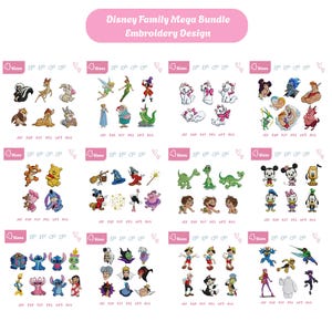 May include: A collection of Disney character embroidery designs, including Bambi, Winnie the Pooh, Mickey Mouse, and more. The designs are in various sizes, with the text "Disney Family Mega Bundle Embroidery Design" at the top.