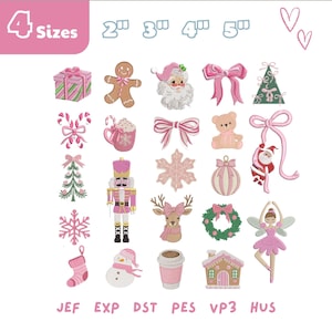 Puede incluir: Una colección digital de veinte diseños de bordado con temática navideña que incluye un hombre de jengibre, Santa Claus, cascanueces, bailarina, oso de peluche, reno y varios iconos festivos en rosa y verde, en tamaños de 2, 3, 4 y 5 pulgadas.