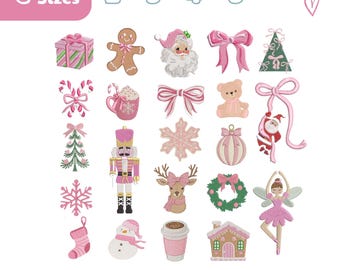 May include: A digital collection of twenty Christmas-themed embroidery designs featuring a gingerbread person, Santa, nutcracker, ballerina, teddy bear, reindeer, and various holiday icons in pink and green, available in 2, 3, 4, and 5 inch sizes.