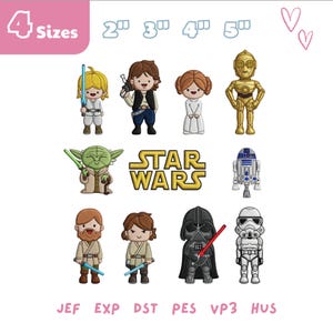 May include: A selection of Star Wars character designs, featuring Luke Skywalker, Han Solo, Princess Leia, C-3PO, Yoda, R2-D2, Obi-Wan Kenobi, and Darth Vader. The designs are in a cartoon style, with the Star Wars logo in the center. The image also shows the sizes available.