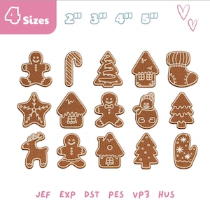 May include: A collection of fifteen brown gingerbread-themed embroidery designs featuring shapes like gingerbread people, candy canes, trees, houses, stockings, stars, snowmen, reindeer, and mittens. Text indicates 4 sizes: 2", 3", 4", 5".