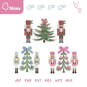 May include: Embroidery design set featuring three Christmas scenes with nutcrackers and pine trees in red, green, blue, and pink colorways. Text includes 4 Sizes, 4", 5", 7", 9", and file formats JEF, EXP, DST, PES, VP3, HUS. Two hand-drawn hearts.