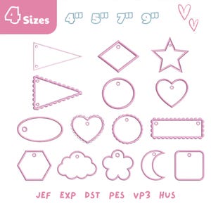 Op de afbeelding: Een verzameling roze borduurontwerpen in diverse vormen, waaronder driehoeken, ruiten, sterren, cirkels, harten, ovalen, rechthoeken, zeshoeken, wolken, bloemen, manen en vierkanten. De afbeelding bevat de tekst "4 Sizes" en afmetingen in inches.