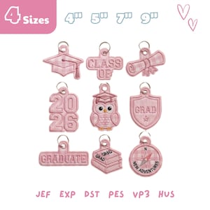 May include: Pink graduation-themed keychains with various designs, including a graduation cap, scroll, and owl. The keychains are in different shapes and sizes, with the text "CLASS OF", "GRADUATE", and "NEW ADVENTURES". The image also shows the text "4 Sizes".