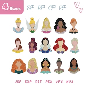 May include: A collection of embroidered princess designs in various sizes. The designs feature different princesses with unique hairstyles and outfits. The image includes the text "4 Sizes" and file type abbreviations.