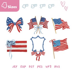 Puede incluir: Un conjunto de diseños de bordado digital con seis motivos de banderas estadounidenses, incluyendo un lazo, banderas cruzadas y un marco decorativo. El texto 4 Sizes 4" 5" 7" 9" y los formatos JEF, EXP, DST, PES, VP3, HUS son visibles.