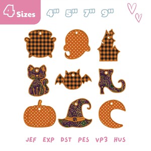 May include: A set of nine Halloween-themed embroidery designs featuring a cauldron, ghost, haunted house, cat, bat, witch boot, pumpkin, witch hat, and crescent moon. Text includes 4 Sizes, 4", 5", 7", 9", JEF, EXP, DST, PES, VP3, HUS.