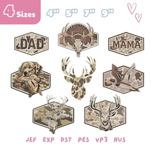 May include: A collection of embroidered patches with hunting and family themes. Designs include a deer skull, a dog with a duck, a deer head, and the words "DAD" and "MAMA" in a camouflage pattern. The patches are in various sizes.