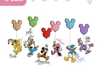 Mickey & Friends Embroidery Design Bundle, Set 6 Mickey Balloons Embroidery File, Family Disney Friends, Mickey Characters, Disneyland Trip