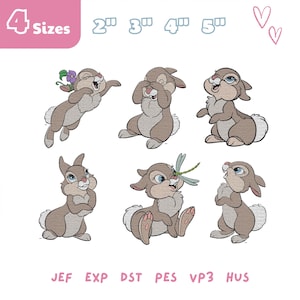 Puede incluir: Un conjunto de diseños de bordado digital con seis conejos marrones en varias poses, incluyendo uno con una flor morada, uno cubriéndose los ojos y uno con una libélula. El texto incluye: 4 Sizes, 2, 3, 4, 5 inches, JEF, EXP, DST, PES, VP3, HUS.