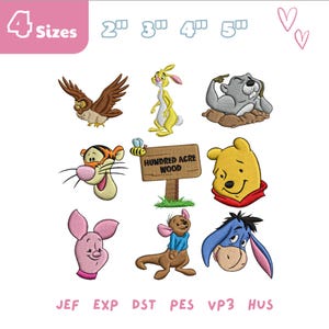 Könnte beinhalten: Eine Sammlung von gestickten Aufnähern mit Figuren aus einer Kindergeschichte. Die Aufnäher zeigen eine Eule, ein Kaninchen, ein Murmeltier, einen Tiger, eine Biene, Winnie Puuh, Ferkel, Kanga und Eeyore. Die Aufnäher sind in vier Größen erhältlich.