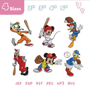 Op de afbeelding: Kleurrijke cartoon borduurontwerpen met Mickey Mouse, Goofy en Donald Duck die honkbal spelen. De ontwerpen omvatten honkbalknuppels, handschoenen en honkballen. De afbeelding bevat ook de tekst "4 Sizes" en bestandstype afkortingen.