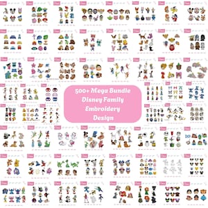 Op de afbeelding: Een digitale collectie van meer dan 500 borduurontwerpen met diverse geanimeerde personages en iconen. De centrale roze afbeelding toont de tekst 500+ Mega Bundle Disney Family Embroidery Design, omringd door rasters met kleurrijke karakter-motieven.