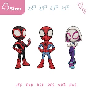 Peut inclure: Écussons brodés représentant trois personnages de Spider-Man dans un style cartoon. Les écussons incluent Miles Morales dans un costume noir et rouge, Spider-Man dans un costume rouge et bleu classique, et Spider-Gwen dans un costume blanc, rose et violet. Le texte "4 Tailles" est également visible.