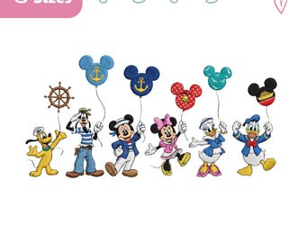Pacchetto di disegni per ricamo di Topolino e i suoi amici in crociera, file di ricamo di Topolino con palloncini, viaggio in crociera, disegno per maglietta per vacanze per bambini