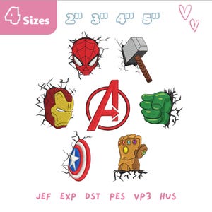 Puede incluir: Diseños de superhéroes bordados que incluyen a Spider-Man, Iron Man, el escudo del Capitán América, el martillo de Thor, el puño de Hulk, el logotipo de los Vengadores y el Guantelete del Infinito. Los diseños son rojos, dorados, azules y verdes. El texto "4 Tamaños" y las medidas 5 cm, 7.6 cm, 10 cm y 12.7 cm son visibles.