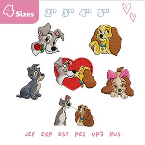 Könnte beinhalten: Gestickte Hunde-Designs in verschiedenen Posen, darunter ein Hund mit einer Rose, ein Hund mit einem Herz und zwei Hunde, die Spaghetti teilen. Das Bild enthält den Text "4 Sizes" und Dateityp-Abkürzungen.