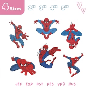 May include: A collection of six red and blue Spider-Man embroidery designs in various action poses. The image includes text stating 4 Sizes 2" 3" 4" 5" and lists file formats JEF, EXP, DST, PES, VP3, and HUS at the bottom of the display.