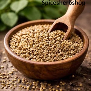 Könnte beinhalten: Eine Holzschüssel gefüllt mit Bathua-Gemüsesamen, mit einem Holzschöpfer darin. Die Samen sind klein und hellbraun. Der Text "Spicesherbshop" steht oben und "BATHUA VEGETABLES SEEDS" unten.