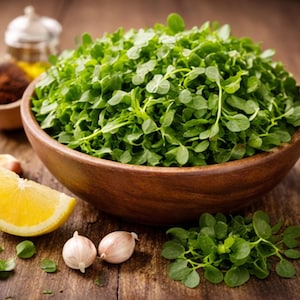 Könnte beinhalten: Eine Holzschüssel gefüllt mit frischem, leuchtend grünem Brunnenkresse. Das Bild zeigt auch eine Zitronenspalte, zwei Knoblauchzehen und andere Zutaten, die alle auf einer rustikalen Holzoberfläche angeordnet sind. Gesundes und natürliches Lebensmittelthema.
