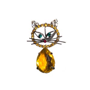 Vintage Crystal Cat Brooch [Silver, Yellow, White | Jewel & Rhinestone Jewelry]