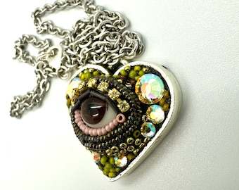 Small Eye Heart Pendant Necklace by Betsy Youngquist (brown)