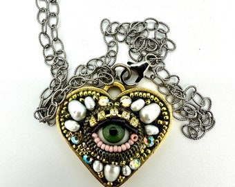Small Eye Heart Pendant Necklace by Betsy Youngquist (green)
