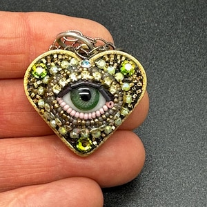 Small Eye Heart Pendant Necklace by Betsy Youngquist (green)