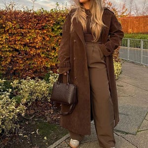 Women’s Vintage Brown Suede Trench Coat – Western Style Long Leather Outerwear | Timeless 70s Fashion Gift for Her