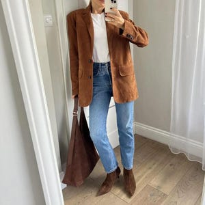 Womens Brown Suede Leather Blazer – Vintage Western Style Genuine Suede Jacket for sale, Elegant Formal Coat, Classic Tailored Blazer Gift