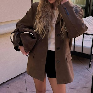Women&#39;s Brown Suede Leather Blazer Coat | Vintage Western Style | Genuine Suede Leather Jacket | Elegant Formal Coat | Classic Gift for Her