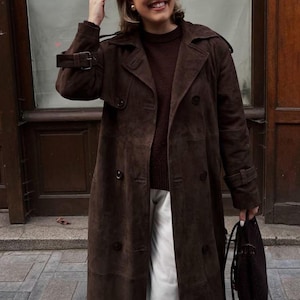 Vintage Brown Suede Trench Coat for Women – Genuine Suede Leather Long Coat – Western Style Formal Outerwear – Perfect Gift for Her