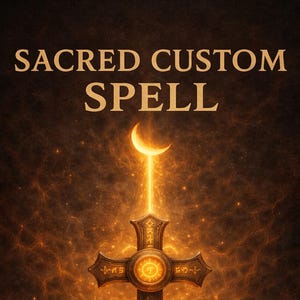 May include: An illuminated cross with intricate designs, radiating golden light, stands on a circular platform. The image features the text "SACRED CUSTOM SPELL" at the top, with a crescent moon above the cross, all set against a fiery, textured background.