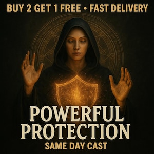 Puede incluir: Imagen de una persona con una túnica con capucha con las manos levantadas, un escudo brillante y las palabras "POWERFUL PROTECTION" y "SAME DAY CAST". El fondo es oscuro con patrones circulares y el texto "BUY 2 GET 1 FREE • FAST DELIVERY".