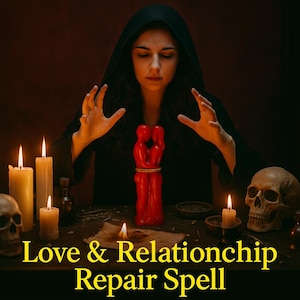 May include: A red candle shaped like two figures embracing, tied with twine, sits on a table with lit candles and a skull. The text "Love & Relationship Repair Spell" is displayed in yellow.