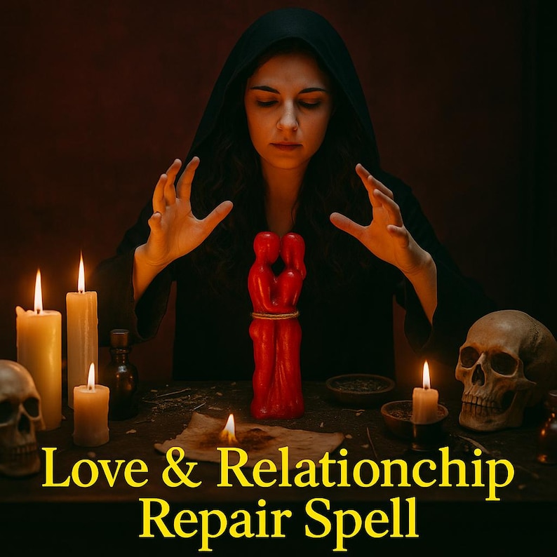 May include: A person in a black hooded robe with hands raised, surrounded by lit candles and a skull. A red candle shaped like two figures intertwined is in the center. The text "Love & Relationship Repair Spell" is at the bottom.