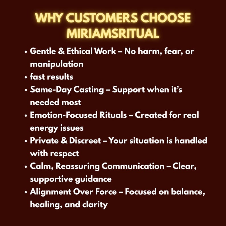 May include: A graphic on a dark brown background with the text "WHY CUSTOMERS CHOOSE MIRIAMSRITUAL" in gold. Bullet points list reasons, including "Gentle & Ethical Work," "fast results," and "Same-Day Casting."