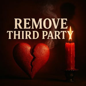 May include: Image features a broken red heart and a lit red candle in a black holder. The text "REMOVE THIRD PARTY" is displayed in white, above the heart. Smoke rises from the candle, creating a dramatic effect against the dark background.